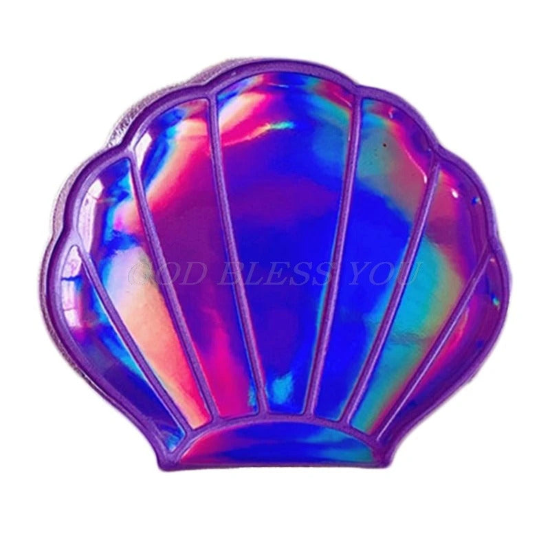CX192  Creative Sea Shell Shaped Holographic Rainbow Colored Magnifying Compact Cosmetic Double Sided Folding Pocket Mirror