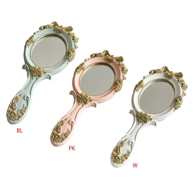 DA56 European Style Vintage Handheld Roses Mirror Princess Women Girls Oval Vanity Makeup Cosmetic Tool with Anti-Slip Handle