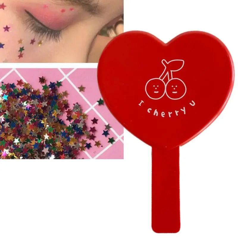 FEN159 Lovely Vintage Heart-Shaped Red Handheld Mirror Cartoon Cherry Printed Compact Travel Cosmetic Makeup Tool with Handle