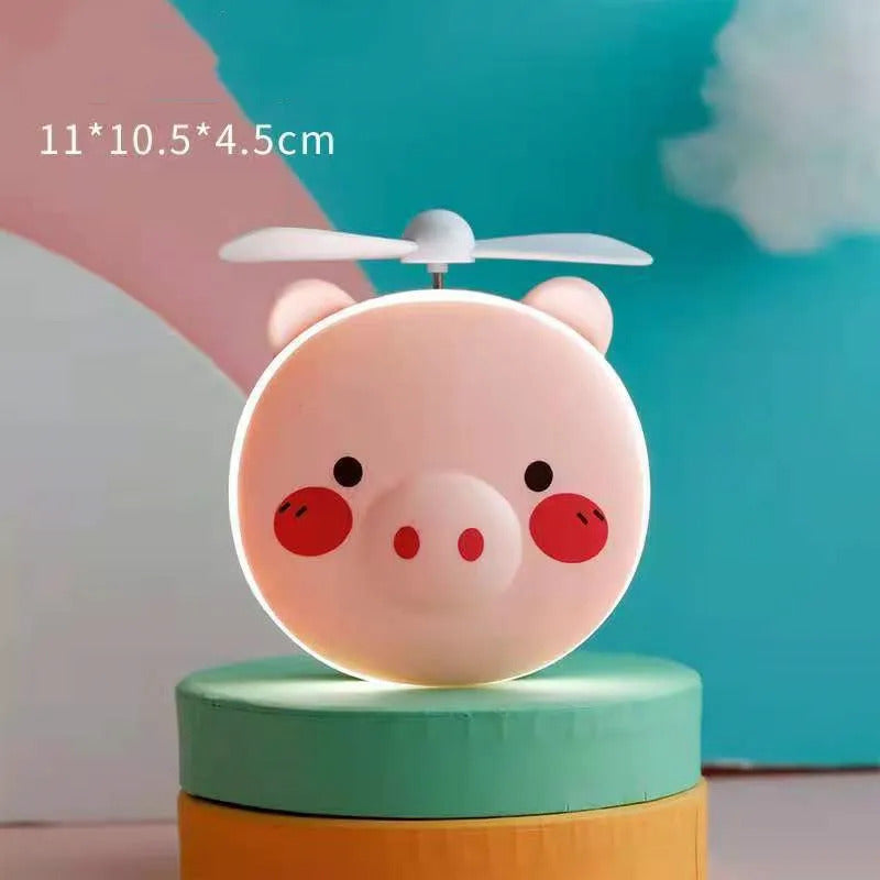 L198 Cartoon Cute Piggy Mini Cosmetic Mirror Compact Portable Pocket Makeup Mirrors Cooling Fan Light Handheld USB Rechargeable