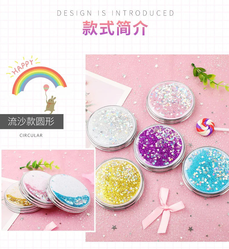 CX722 Hand Mirror Double-sided Mirror Quicksand Sequins Portable Makeup Mirror Travel Size Creative Design Cute Gift for