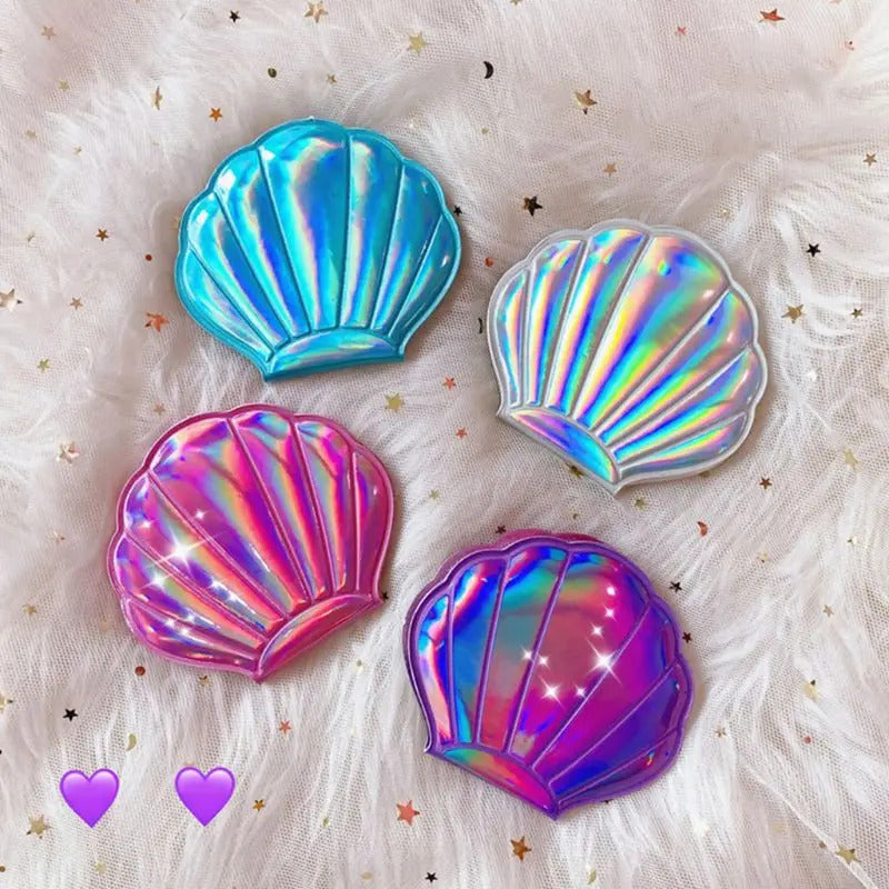 DSHOU262 Creative Shell Shaped Holographic Rainbow Colored Magnifying Compact Cosmetic Double Sided Folding Pocket Mirror