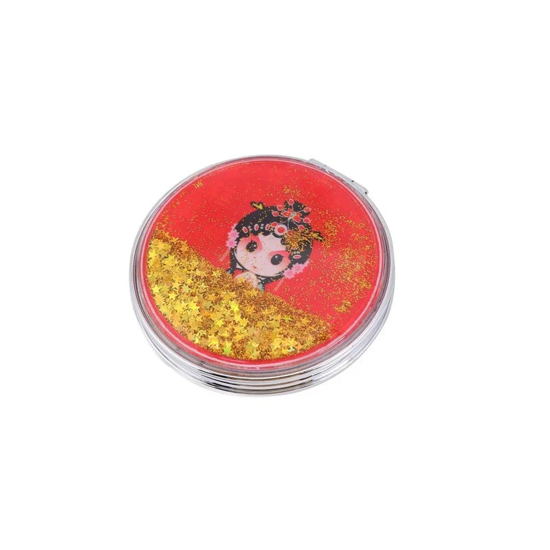 CX183  Makeup Mirror Magnifying Quicksand Sequin Chinese Opera Doll Cartoon Pattern Portable Pocket Mirror Travel Creative