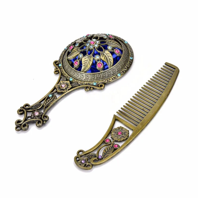 L246 Classic Chic Retro Vintage Pocket Mirror Compact Makeup Mirrors Comb Set Hand Make Up Bronze Hollowed-Out