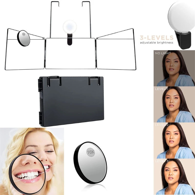 CX196 Trifold Hair Cutting Mirror with Lights 10X Magnification Self Styling Mirrors