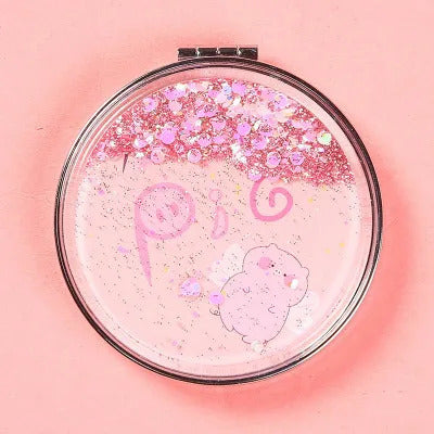 CX348 Cute Pig Shiny Quicksand Makeup Mirror Double Sided Pocket Mirror Girls Outdoor Portable Foldable Mirror Compact Mirror