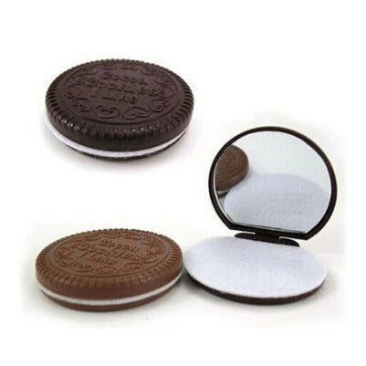 CX473 Women Makeup Tool Pocket Mirror Makeup Mirror Mini Dark Brown Cute Chocolate Cookie Shaped With Comb Lady