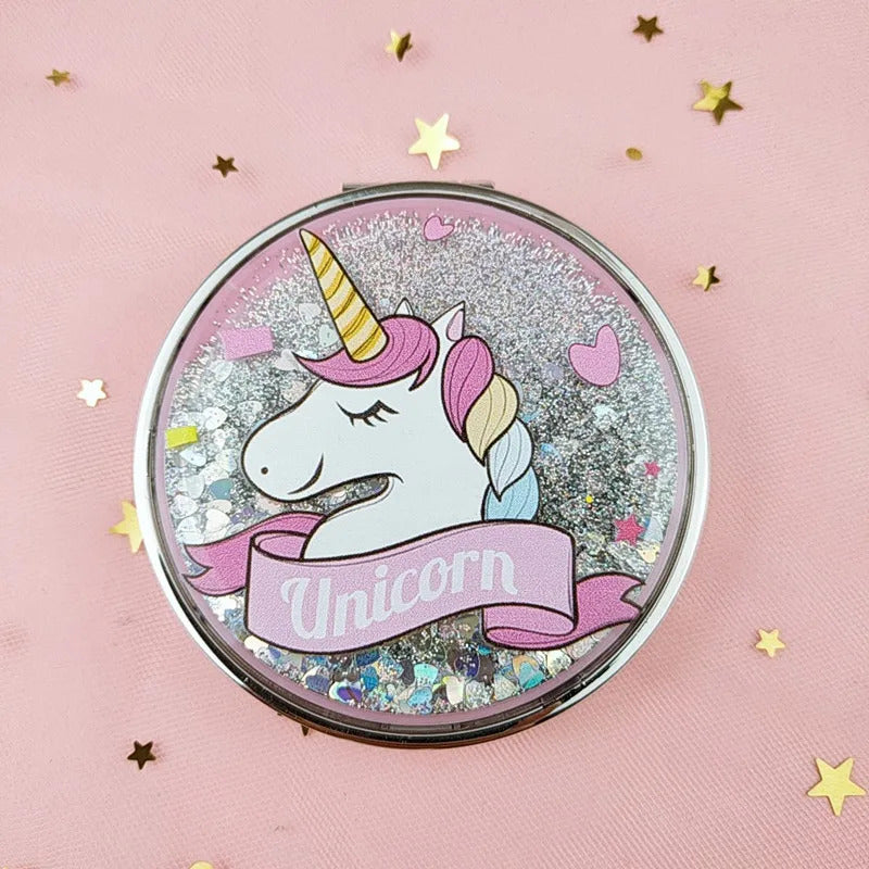 CASHOU148 Cartoon Double-Sided Unicorn Makeup Mirror Compact Pocket Mirror Mini Folding Cosmetic Mirror Gifts with Flowing Sparkl