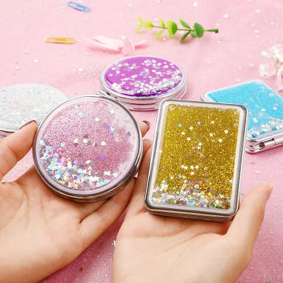 CX375 Fashion Mini Pocket Makeup Mirror Creative Cosmetic Compact Mirrors with Flowing Sparkling Sand Can Wholesale Lettering