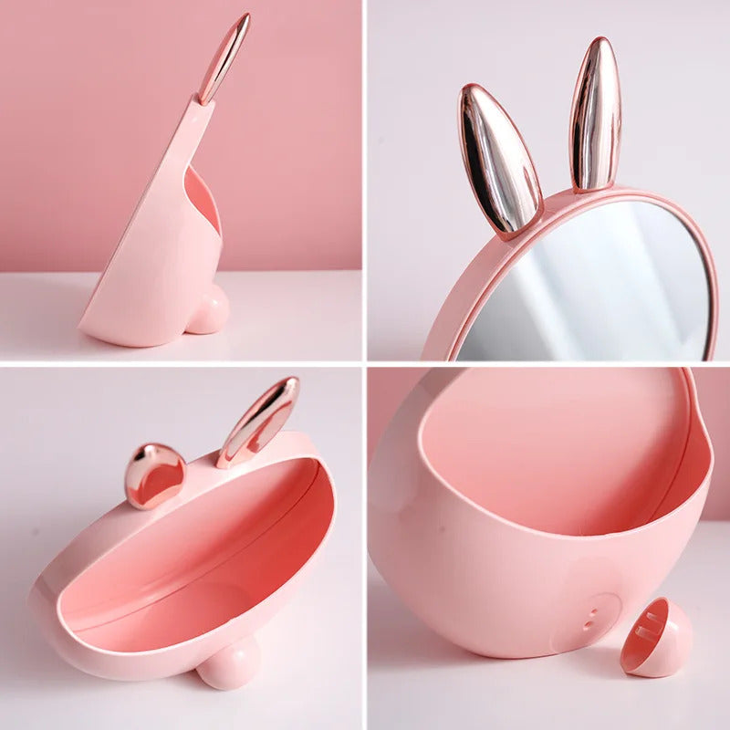 L107 Round Makeup Mirror with Cosmetic Storage Box Creativity Cute Rabbit Ear Design Make Up Standing Mirror with Brush Barrels