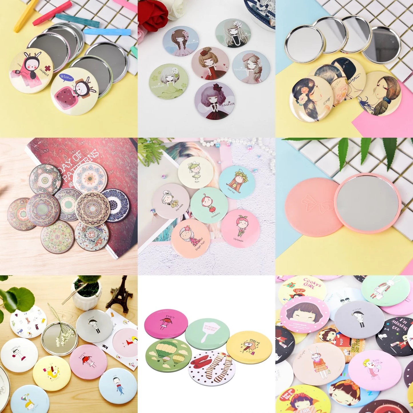 DSHOU253  Round Cartoon Metal Mirrors Makeup Mirrors Portable Mini Pocket Makeup Mirror Cosmetic Compact For Girl's Gift Random