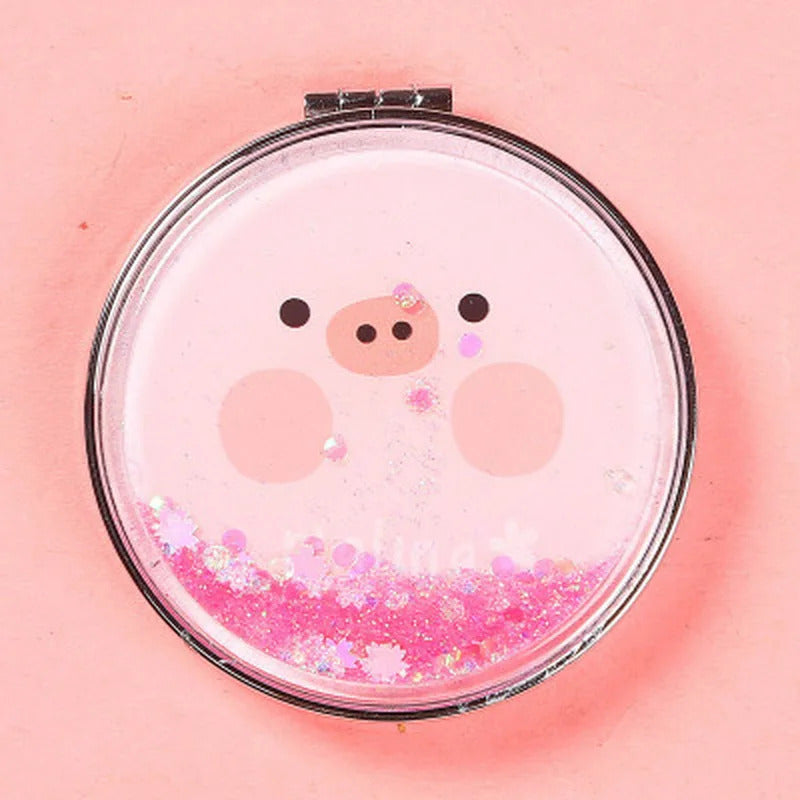 TSHOU889 Cute Pig Shiny Quicksand Makeup Mirror Double Sided Pocket Mirror Girls Outdoor Portable Foldable Mirror Compact Mirror
