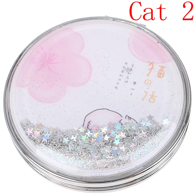 TSHOU921 Double-Sided Folding Cosmetic Mirror Mini Makeup Mirror Compact Pocket Mirror Female Gifts With Flowing Sparkling Sand
