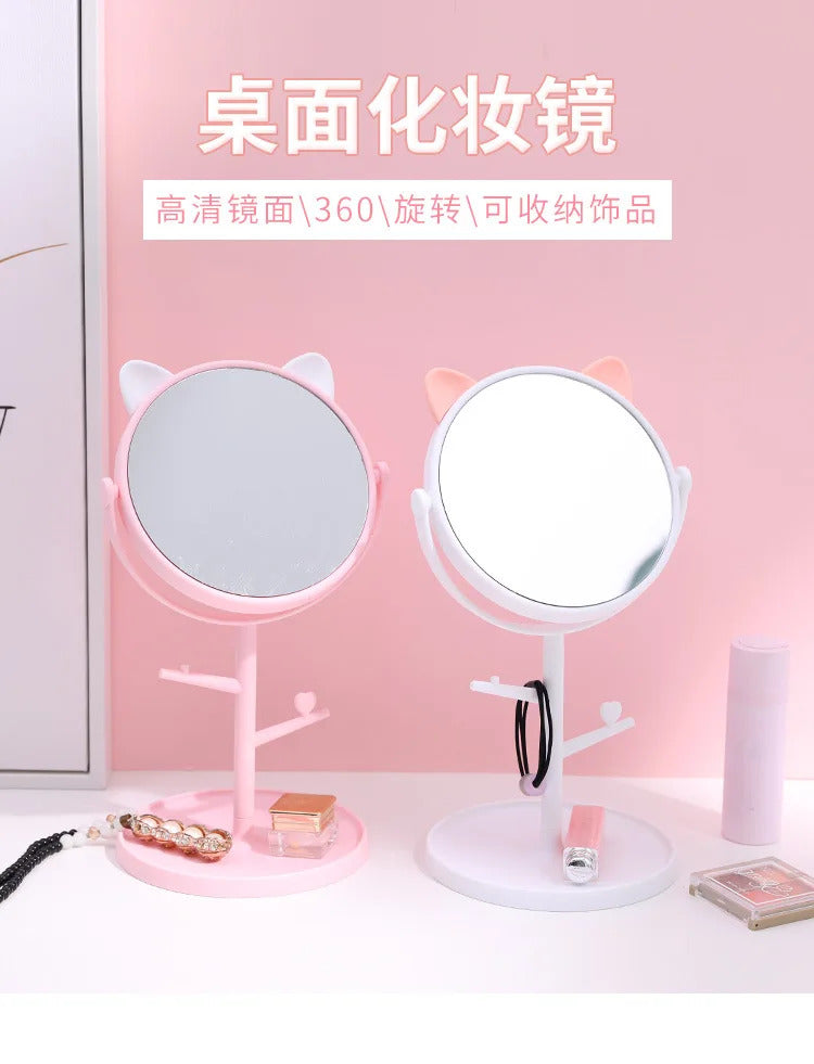 CX226  Makeup Mirror Table Desktop Countertop Base Use for Bathroom Travel Ordinary Pink Cat Ear Mirror