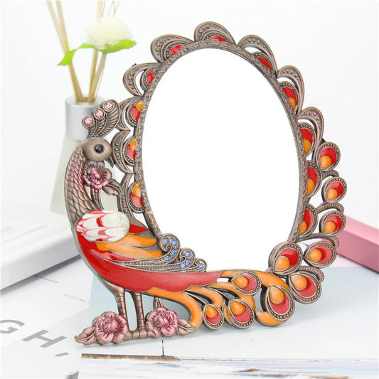 CASHOU21 Standing Mirror for Bedroom Folding Desktop Makeup Mirror Retro Euporen 3D Peacock Pattern Princess Mirror with Storage
