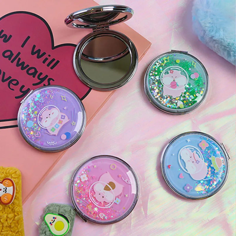 CX105  Portable Double-Sided Folding Cosmetic Mirror Girl Gift Flowing Sparkling Sand Mini Avocado Makeup Mirror Compact