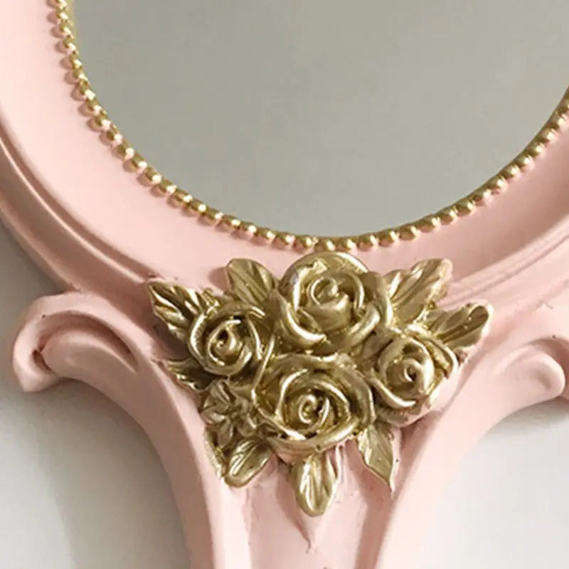 CX119 European Style Vintage Handheld Roses Mirror Princess Women Girls Oval Vanity Makeup Cosmetic Tool with Anti-Slip Handle