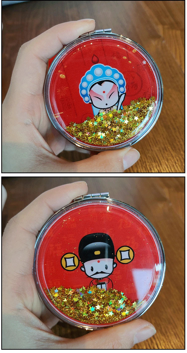 DA15  Makeup Mirror Magnifying Quicksand Sequin Chinese Opera Doll Cartoon Pattern Portable Pocket Mirror Travel Creative Gifts