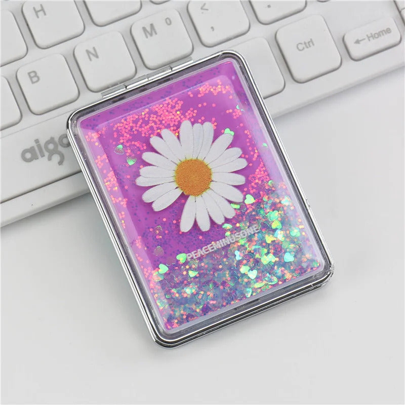 CASHOU137 Double-sided Makeup Mirror Portable Quicksand Sequins Daisy Pattern Cute Girl's Gift Hand Mirror Pocket 2-face Makeup