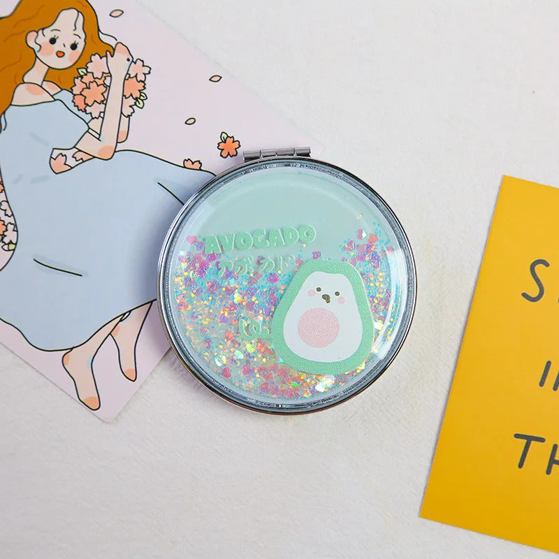 CX105  Portable Double-Sided Folding Cosmetic Mirror Girl Gift Flowing Sparkling Sand Mini Avocado Makeup Mirror Compact