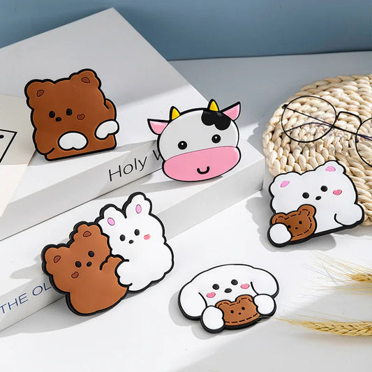 CX715  Portable Cute Mini Mirror Cartoon Little Rabbit Bear Pattern Gift for Little Girls Silicone Purse Mirror