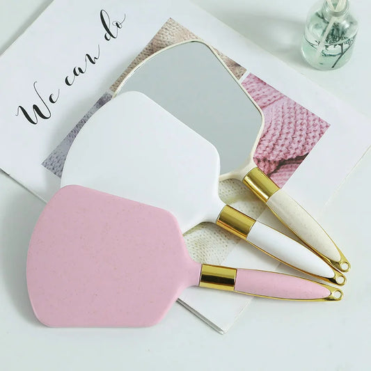 L197 Hand Hold Cosmetic Mirror with Handle for Gifts Cute Pink White Plastic Vintage Hand Mirrors Makeup Vanity Mirror Rectangle