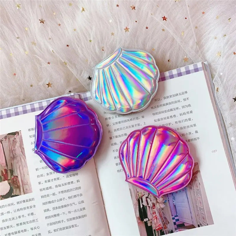 DSHOU262 Creative Shell Shaped Holographic Rainbow Colored Magnifying Compact Cosmetic Double Sided Folding Pocket Mirror