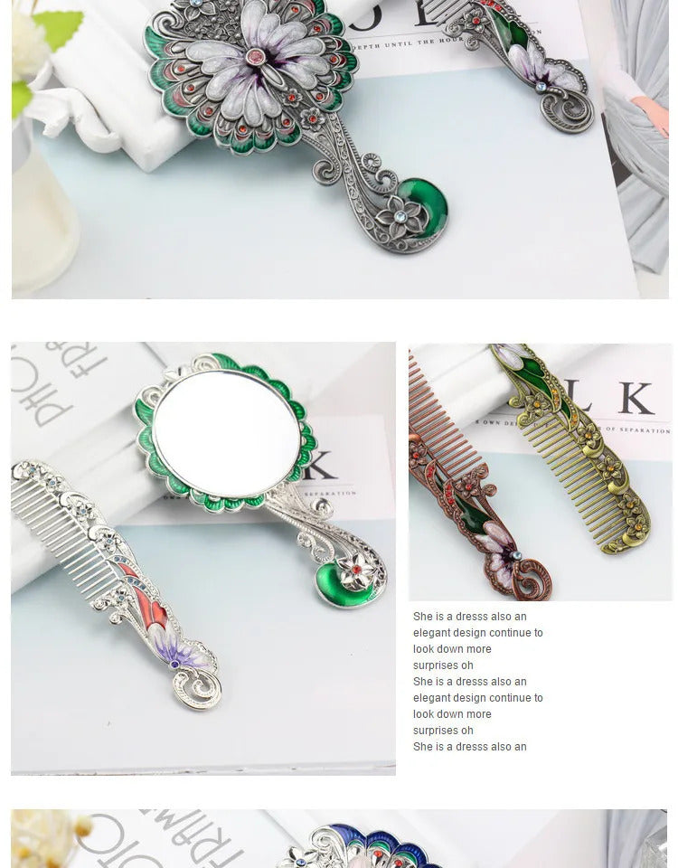 TSHOU575 Handle Mirror Comb Retro Euporen 3D Butterfly Pattern Portable Makeup Mirror Comb Set Princess Mirror