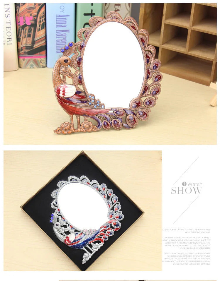 CASHOU21 Standing Mirror for Bedroom Folding Desktop Makeup Mirror Retro Euporen 3D Peacock Pattern Princess Mirror with Storage