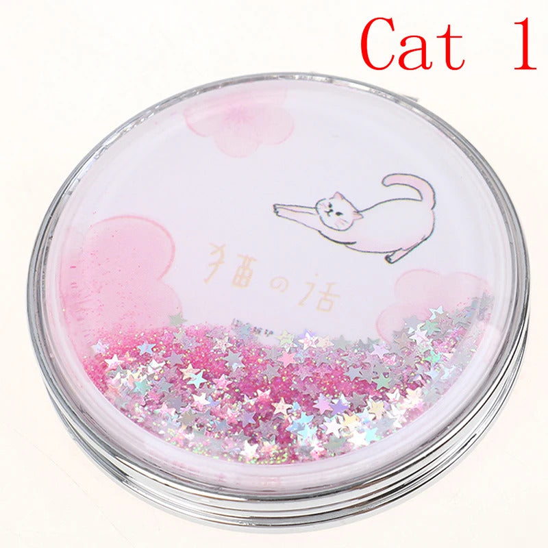 TSHOU921 Double-Sided Folding Cosmetic Mirror Mini Makeup Mirror Compact Pocket Mirror Female Gifts With Flowing Sparkling Sand