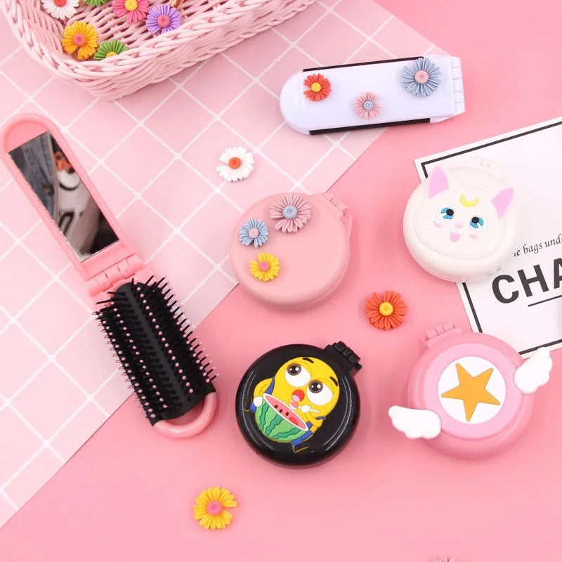 CX429 Mini Pocket Mirror Portable Pocket Small Travel Girl Hair Brush with Mirror Styling Tools Cute Massage Folding Mirror