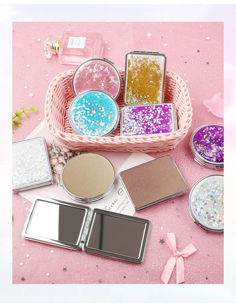 CX722 Hand Mirror Double-sided Mirror Quicksand Sequins Portable Makeup Mirror Travel Size Creative Design Cute Gift for