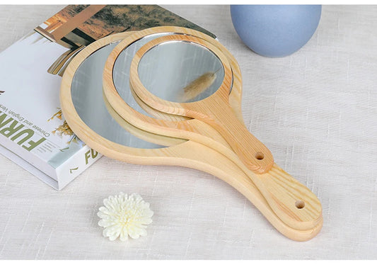 TSHOU1226 Mirror Portable Round Wood Vintage Hand Mirror Make Up Mirrors with Handle for Women