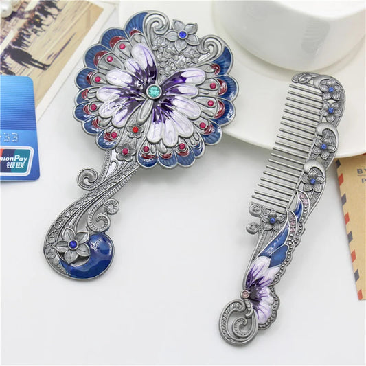 CX427 Portable Makeup Mirror Comb Set Handle Mirror Comb Retro Euporen 3D Butterfly Pattern Princess Mirror with Storage