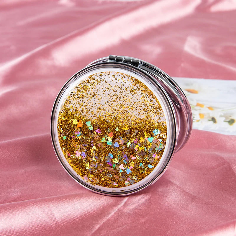 L135 Portable Double-Sided Folding With Flowing Sparkling Sand Mini Makeup Mirrors 1 Pcs