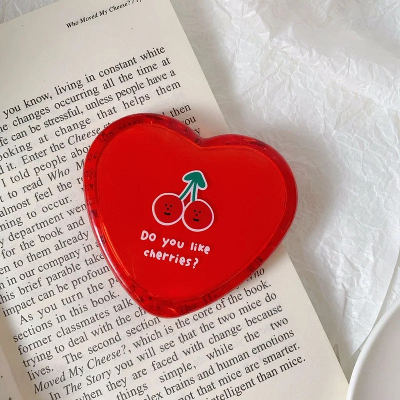 TSHOU1214  Portable Double-Sided Folding Cosmetic Mirror Cherry Love Mirror Portable Makeup Mirror Heart Mirror Women Gift Purse