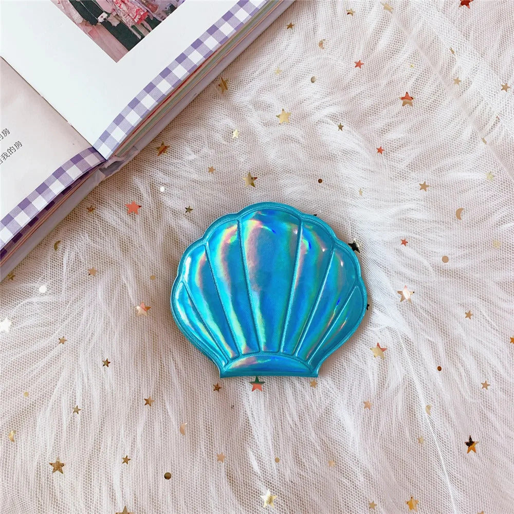CX340 Shell Shape Makeup Mirror 2X Magnifying Mirror Portable Makeup Vanity Foldable Laser Pocket Mirror