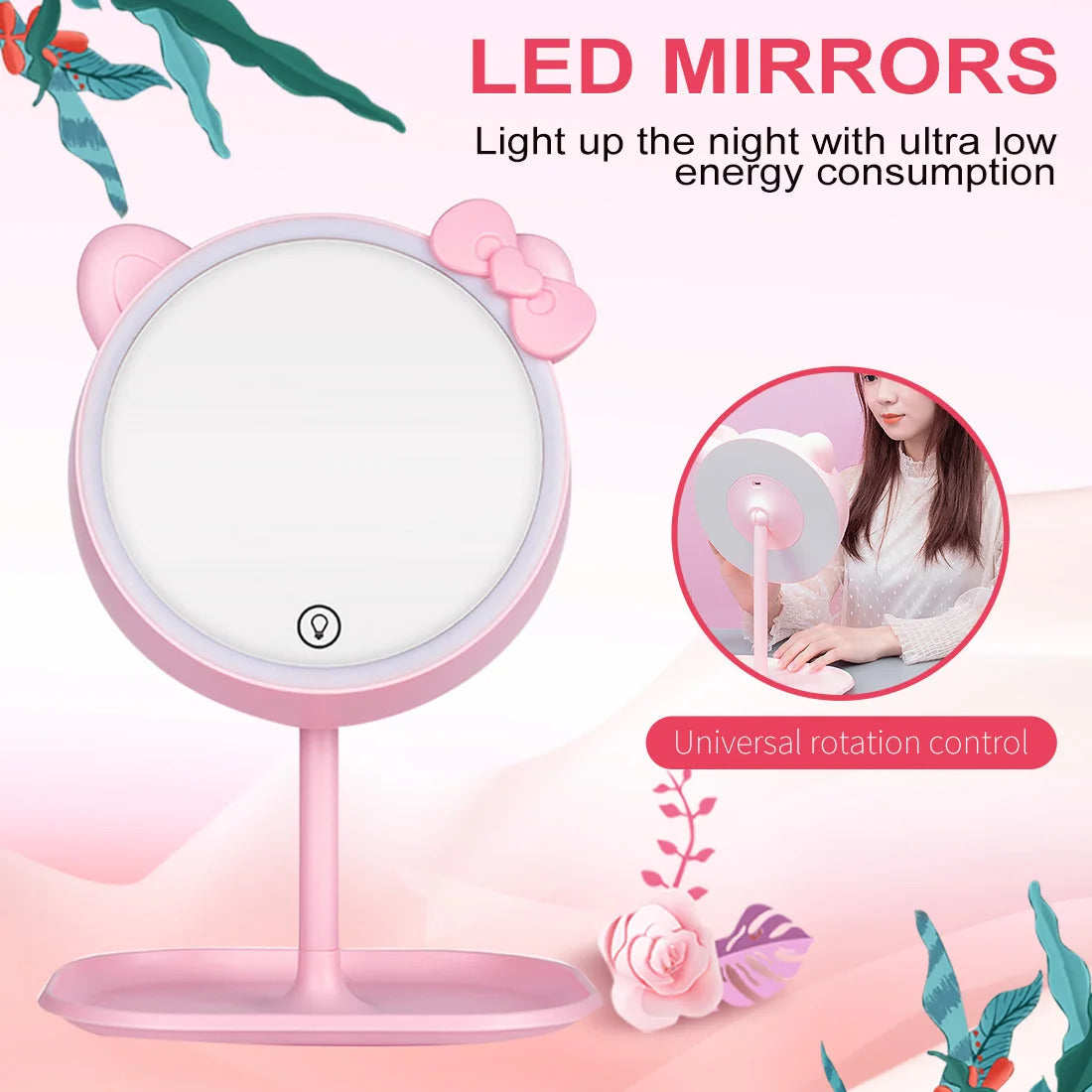 TSHOU511 cat Ear Makeup Mirror With LED Adjustable Light Touch Screen USB LED Make Up Mirror Desk Vanity Cosmetic Storage Mirror