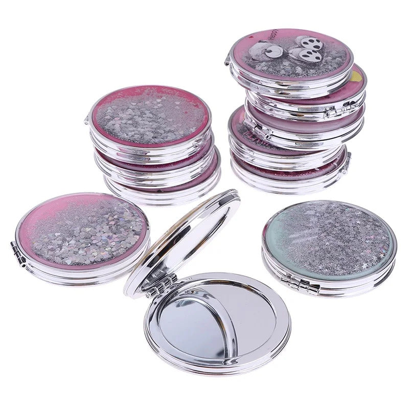 PY97 Compact Pocket Portable Double Sided Folding Cosmetic Mirror Mini Make-Up Mirror With Sparkling Flowing Sand