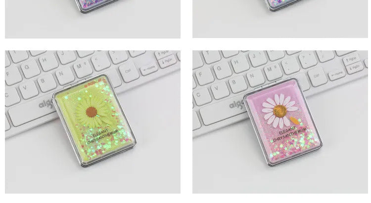 CX682  Double-sided Makeup Mirror Portable Quicksand Sequins Daisy Pattern Cute Girl's Gift Hand Mirror Pocket 2-face Makeup Mirro