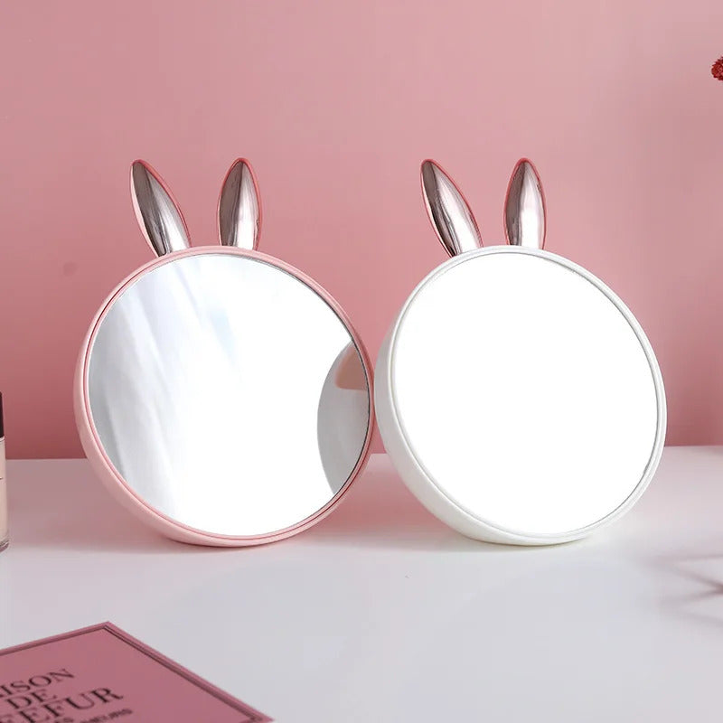 TSHOU376 Round Makeup Mirror with Cosmetic Storage Box Creativity Cute Rabbit Ear Design Make Up Standing Mirror