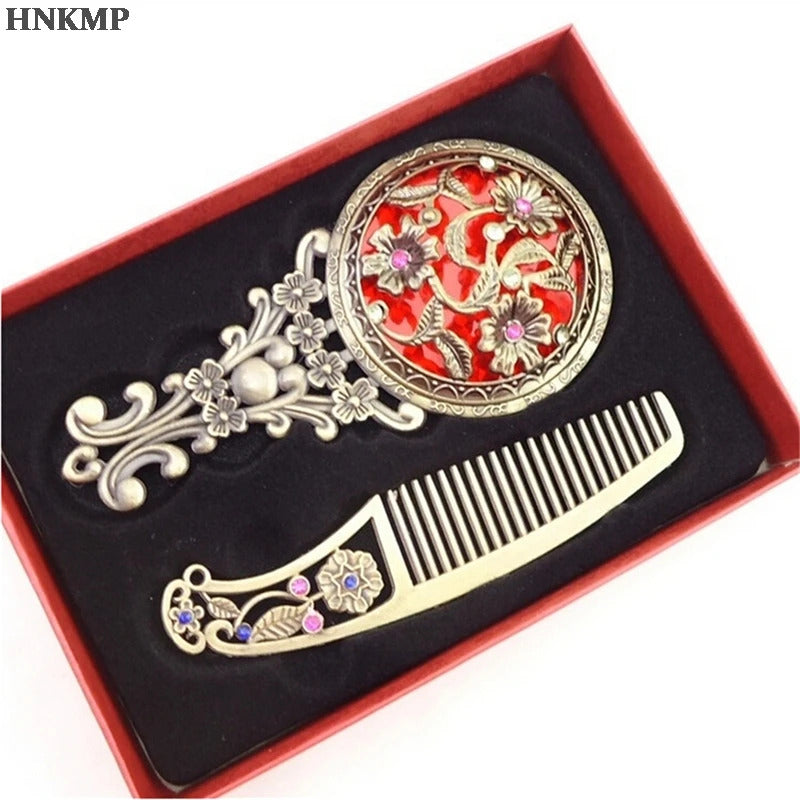 GU492  Women Chic Retro Vintage pocket Mirror Compact Makeup Mirrors Comb Set Hand Make Up Bronze Hollowed-Out Make Up