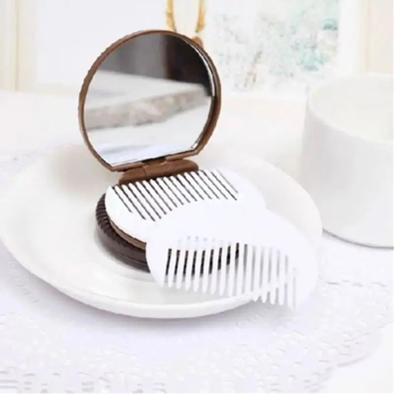 CX567 Women Girls Chocolate Cookie Mini Pocket Mirror With Comb Princess Portable Sandwich Biscuit Shape Makeup