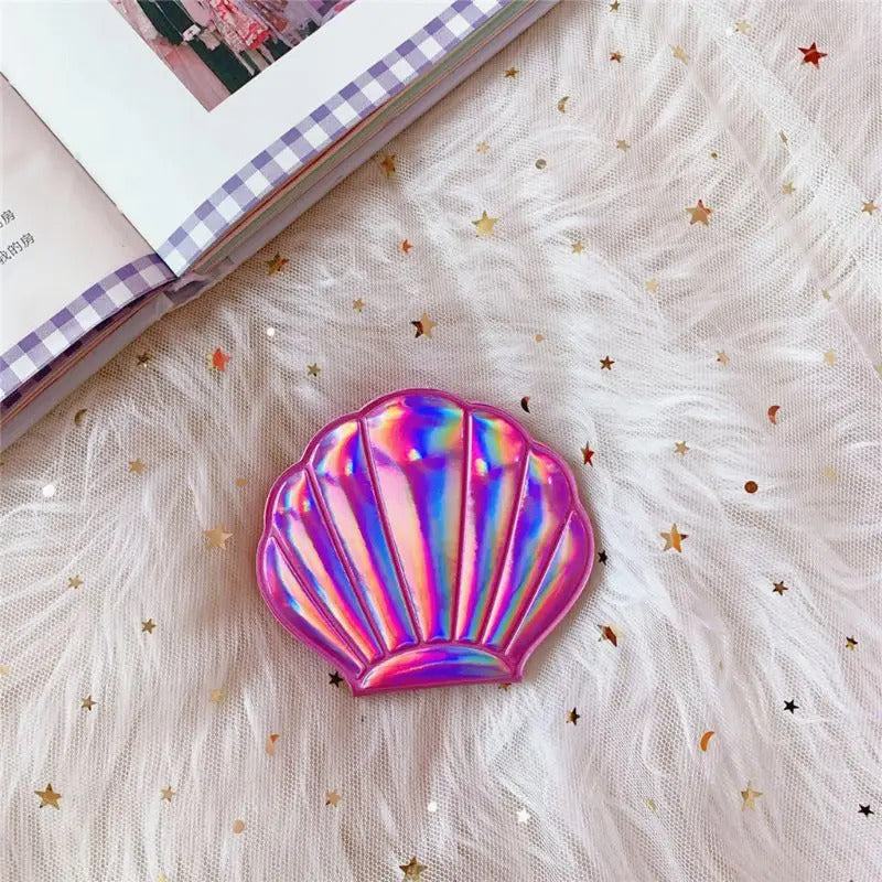 CX192  Creative Sea Shell Shaped Holographic Rainbow Colored Magnifying Compact Cosmetic Double Sided Folding Pocket Mirror