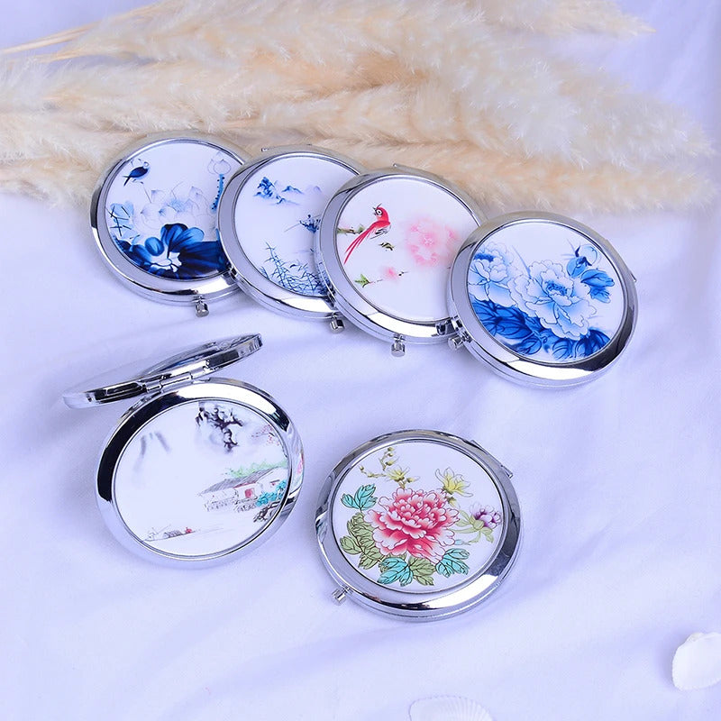 CX67 Double Sided Magnifying Folding Makeup Mirror White and Blue Porcelain Mirrors Mini Makeup Compact Pocket Mirror