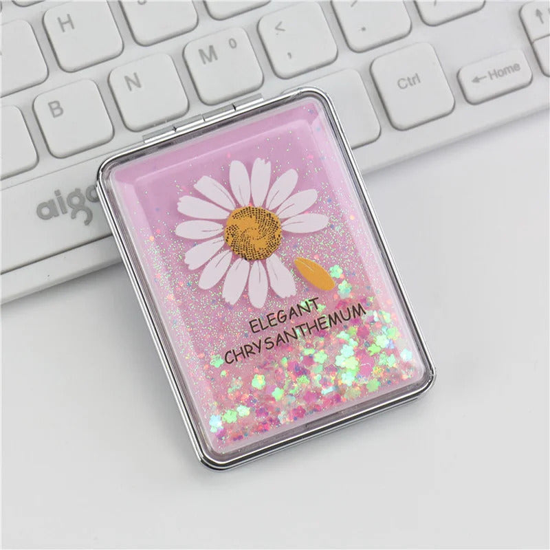 CX311 Double-sided Makeup Mirror Portable Quicksand Sequins Daisy Pattern Cute Girl's Gift Hand Mirror Pocket 2-face Makeup Mirro
