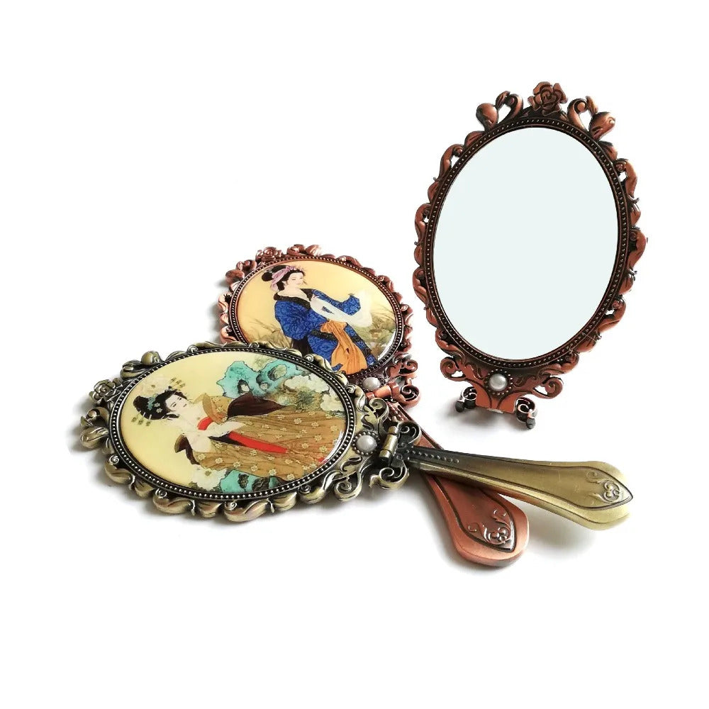 CX176 Foldable Desktop Princess Mirror Chinese Tang Dynasty Character Comb Suit Retro Portable Makeup Mirror Handle Mirror