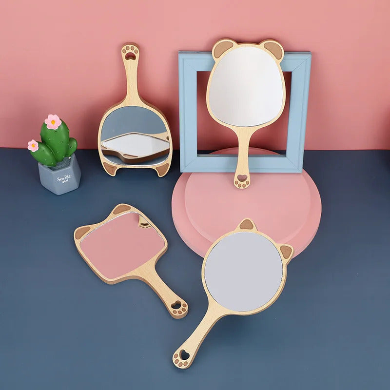 CX408  Hand Mirrors Wood Creative Design Makeup Handheld Cosmetic Mirror with Handle Makeup Mirror Cute Cat Ear Mirror