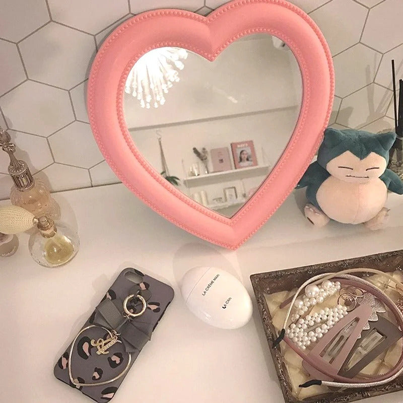 CASHOU42 Mirror Desktop Pink Love Makeup Mirror Wall Mounted Dual-Use Heart-Shaped Hanging Mirror Vanity Mirror Girl Room Wall
