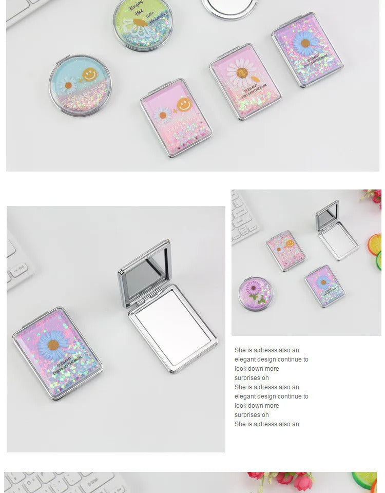 CX311 Double-sided Makeup Mirror Portable Quicksand Sequins Daisy Pattern Cute Girl's Gift Hand Mirror Pocket 2-face Makeup Mirro